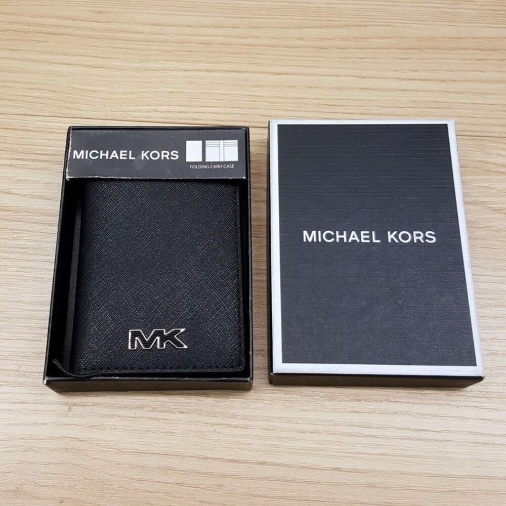 MICHAEL KORS Malone Bifold Folding Card Case Wallet Black Saffiano Leather $68
